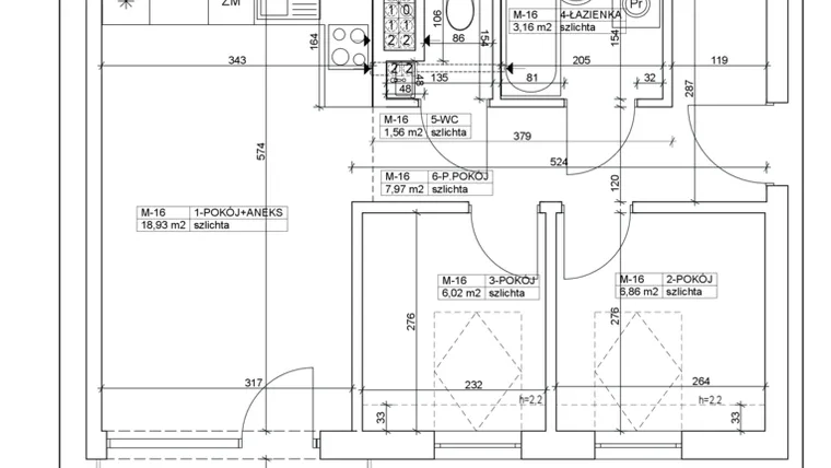 Rzut - Mieszkanie na sprzedaż 3 pokoje o powierzchni 44,5 m² - numer 16 w Bydgoska 19