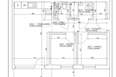 Rzut - Mieszkanie na sprzedaż 3 pokoje o powierzchni 45,39 m² - numer 13 w Bydgoska 19