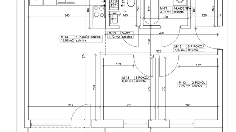 Rzut - Mieszkanie na sprzedaż 3 pokoje o powierzchni 45,39 m² - numer 13 w Bydgoska 19