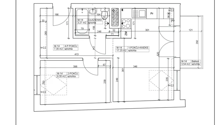 Rzut - Mieszkanie na sprzedaż 3 pokoje o powierzchni 37,22 m² - numer 14 w Bydgoska 19
