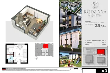 Rzut - Mieszkanie na sprzedaż 1 pokój o powierzchni 25,02 m² - numer A3 w Rodzinna Malta
