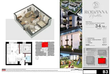 Rzut - Mieszkanie na sprzedaż 2 pokoje o powierzchni 33,84 m² - numer B3 w Rodzinna Malta