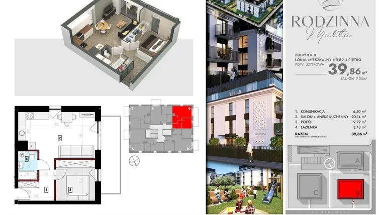 Rzut - Mieszkanie na sprzedaż 2 pokoje o powierzchni 39,96 m² - numer B9 w Rodzinna Malta