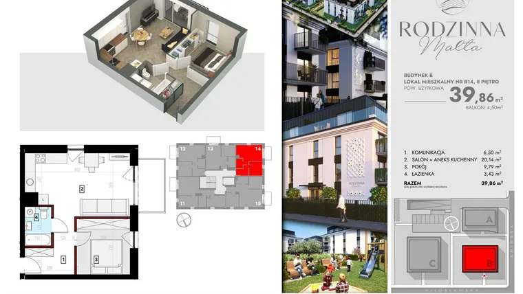 Rzut - Mieszkanie na sprzedaż 2 pokoje o powierzchni 39,96 m² - numer B14 w Rodzinna Malta