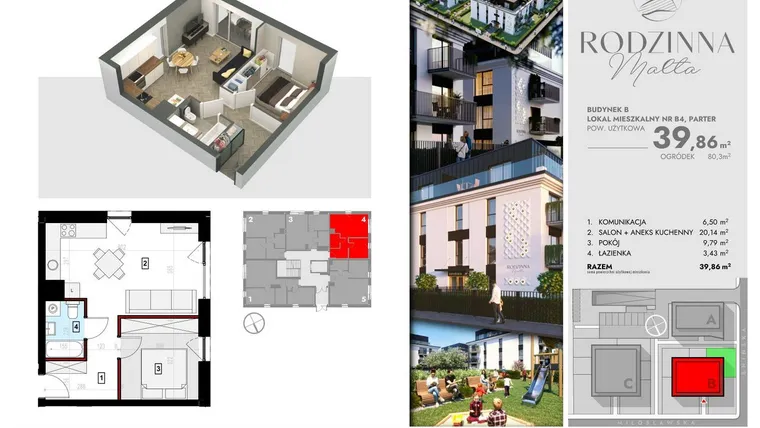 Rzut - Mieszkanie na sprzedaż 2 pokoje o powierzchni 39,96 m² - numer B4 w Rodzinna Malta