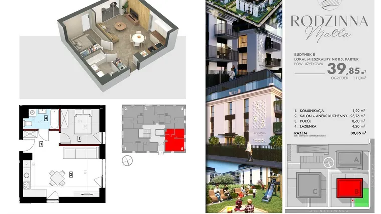 Rzut - Mieszkanie na sprzedaż 2 pokoje o powierzchni 39,61 m² - numer B5 w Rodzinna Malta