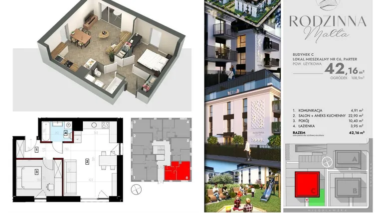 Rzut - Mieszkanie na sprzedaż 2 pokoje o powierzchni 42,17 m² - numer C6 w Rodzinna Malta