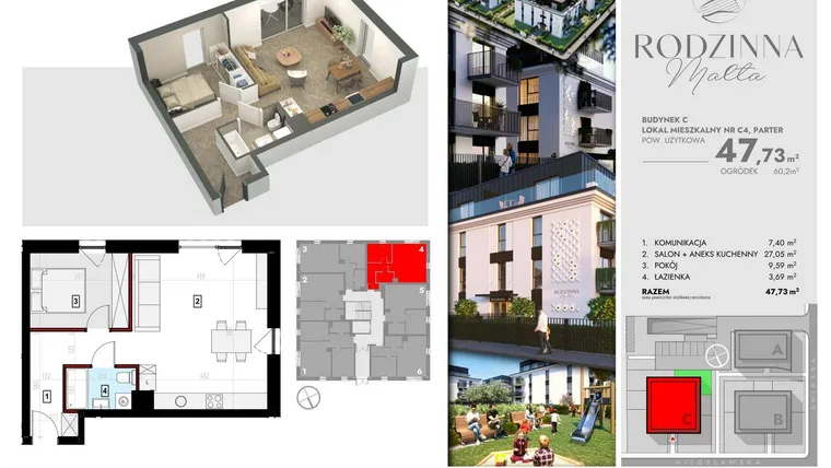 Rzut - Mieszkanie na sprzedaż 2 pokoje o powierzchni 47,71 m² - numer C4 w Rodzinna Malta