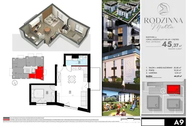 Rzut - Mieszkanie na sprzedaż 2 pokoje o powierzchni 45,83 m² - numer A9 w Rodzinna Malta
