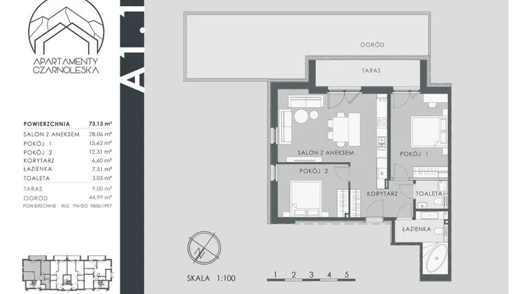 Rzut - Mieszkanie na sprzedaż 3 pokoje o powierzchni 73,13 m² - numer A1.1 w Apartamenty Czarnoleska