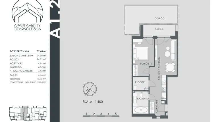 Rzut - Mieszkanie na sprzedaż 2 pokoje o powierzchni 52,6 m² - numer A1.2 w Apartamenty Czarnoleska