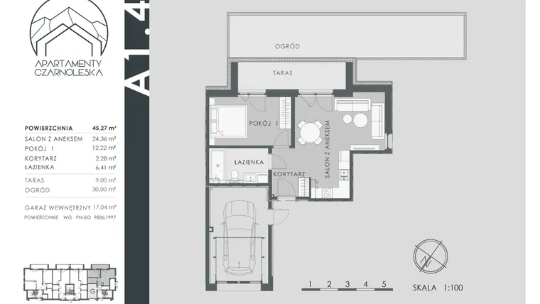 Rzut - Mieszkanie na sprzedaż 2 pokoje o powierzchni 45,27 m² - numer A1.4 w Apartamenty Czarnoleska