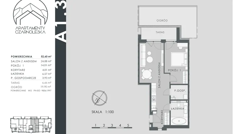 Rzut - Mieszkanie na sprzedaż 2 pokoje o powierzchni 52,6 m² - numer A1.3 w Apartamenty Czarnoleska