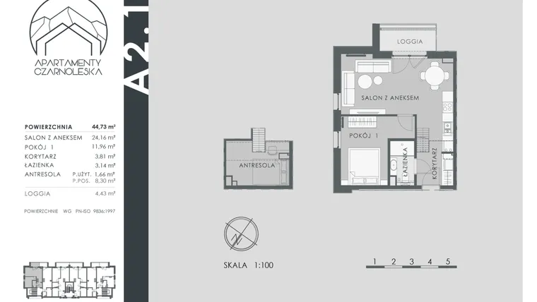 Rzut - Mieszkanie na sprzedaż 2 pokoje o powierzchni 44,73 m² - numer A2.1 w Apartamenty Czarnoleska