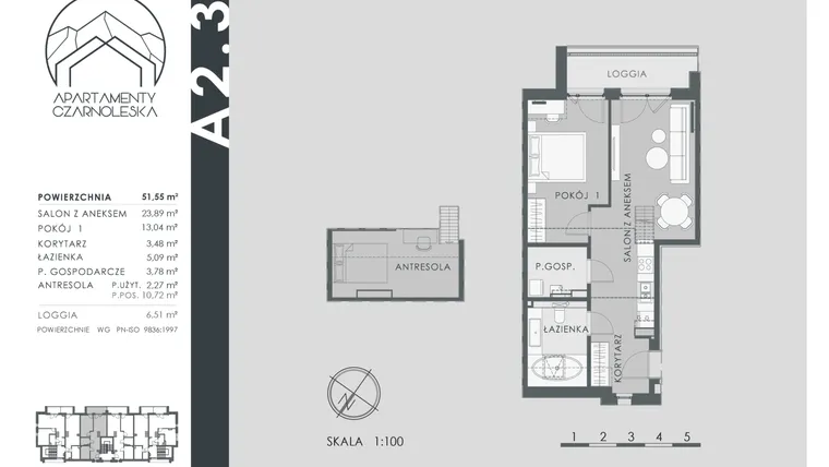 Rzut - Mieszkanie na sprzedaż 2 pokoje o powierzchni 51,55 m² - numer A2.3 w Apartamenty Czarnoleska