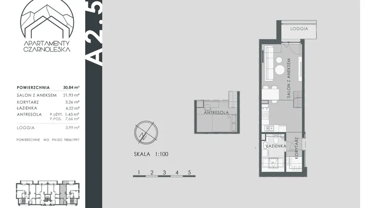 Rzut - Mieszkanie na sprzedaż 1 pokój o powierzchni 30,84 m² - numer A2.5 w Apartamenty Czarnoleska