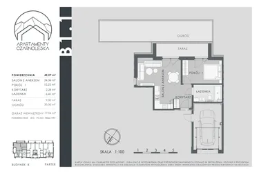 Rzut - Mieszkanie na sprzedaż 2 pokoje o powierzchni 45,27 m² - numer B1.1 w Apartamenty Czarnoleska
