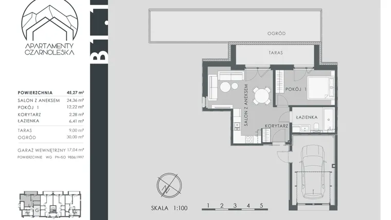 Rzut - Mieszkanie na sprzedaż 2 pokoje o powierzchni 45,27 m² - numer B1.1 w Apartamenty Czarnoleska