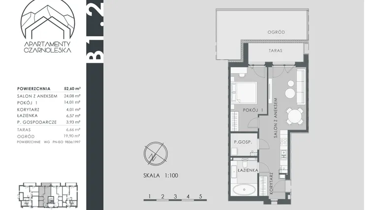 Rzut - Mieszkanie na sprzedaż 2 pokoje o powierzchni 52,6 m² - numer B1.2 w Apartamenty Czarnoleska