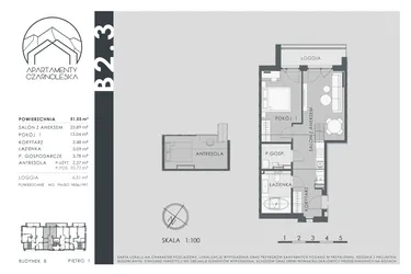 Rzut - Mieszkanie na sprzedaż 2 pokoje o powierzchni 51,55 m² - numer B2.3 w Apartamenty Czarnoleska