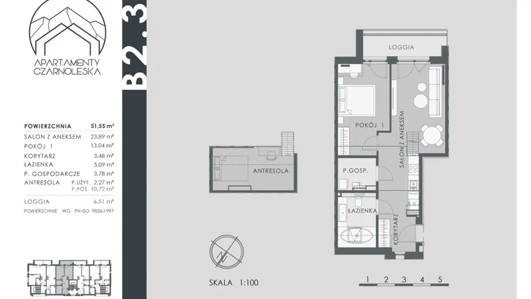 Rzut - Mieszkanie na sprzedaż 2 pokoje o powierzchni 51,55 m² - numer B2.3 w Apartamenty Czarnoleska
