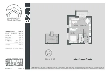 Rzut - Mieszkanie na sprzedaż 2 pokoje o powierzchni 44,02 m² - numer B2.1 w Apartamenty Czarnoleska