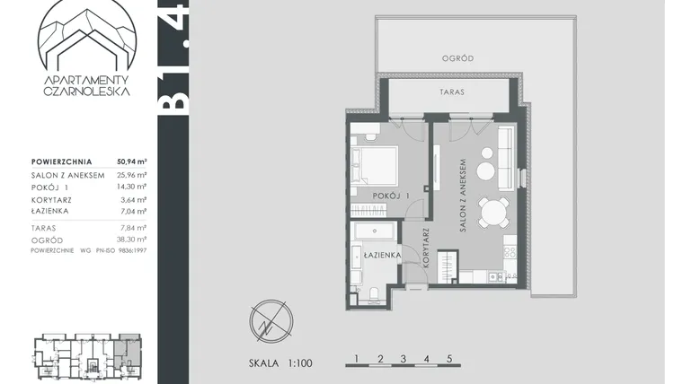 Rzut - Mieszkanie na sprzedaż 2 pokoje o powierzchni 50,94 m² - numer B1.4 w Apartamenty Czarnoleska