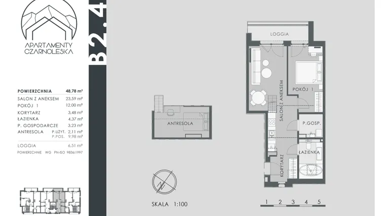 Rzut - Mieszkanie na sprzedaż 2 pokoje o powierzchni 48,78 m² - numer B2.4 w Apartamenty Czarnoleska