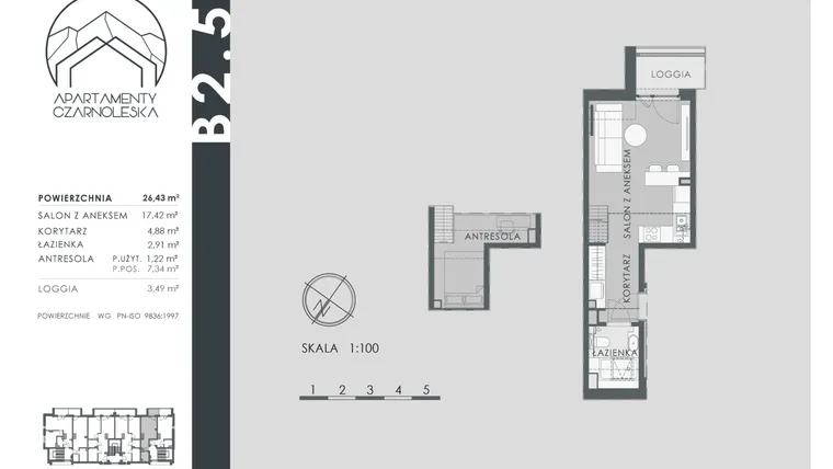 Rzut - Mieszkanie na sprzedaż 1 pokój o powierzchni 26,43 m² - numer B2.5 w Apartamenty Czarnoleska