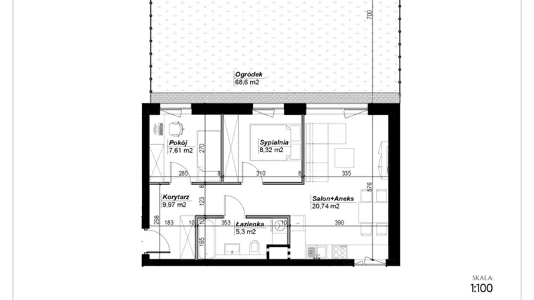 Rzut - Mieszkanie na sprzedaż 3 pokoje o powierzchni 51,94 m² - numer C.2 w Narcyzowe Wzgórza II