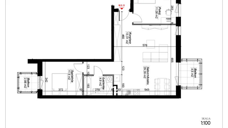 Rzut - Mieszkanie na sprzedaż 4 pokoje o powierzchni 70,17 m² - numer D.12 w Narcyzowe Wzgórza II