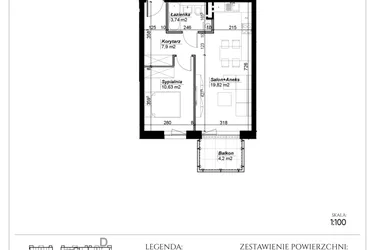 Rzut - Mieszkanie na sprzedaż 2 pokoje o powierzchni 42,09 m² - numer D.11 w Narcyzowe Wzgórza II