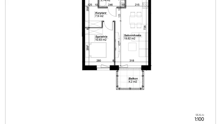 Rzut - Mieszkanie na sprzedaż 2 pokoje o powierzchni 42,09 m² - numer D.11 w Narcyzowe Wzgórza II