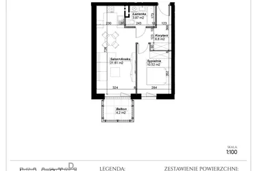 Rzut - Mieszkanie na sprzedaż 2 pokoje o powierzchni 42,8 m² - numer D.14 w Narcyzowe Wzgórza II