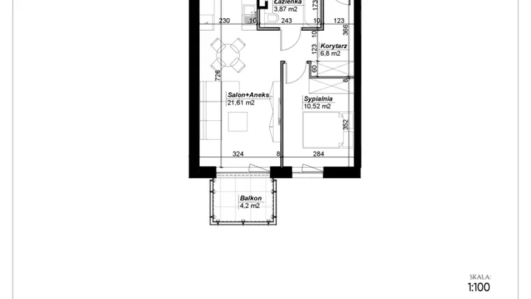 Rzut - Mieszkanie na sprzedaż 2 pokoje o powierzchni 42,8 m² - numer D.14 w Narcyzowe Wzgórza II