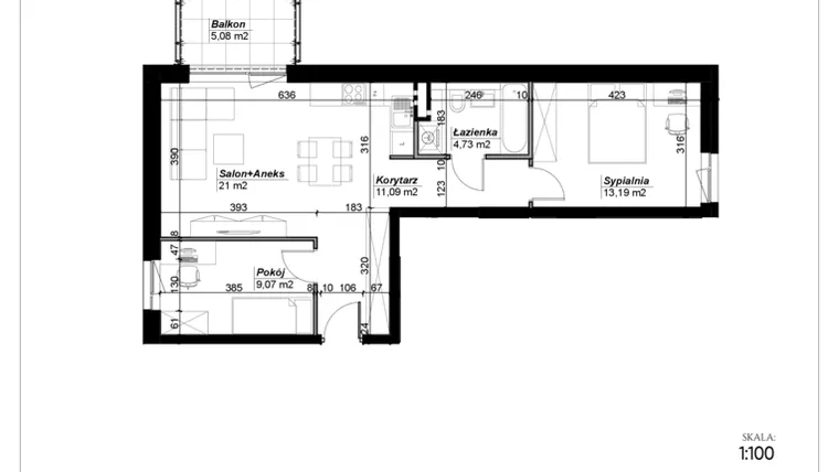 Rzut - Mieszkanie na sprzedaż 3 pokoje o powierzchni 59,08 m² - numer E.21 w Narcyzowe Wzgórza II