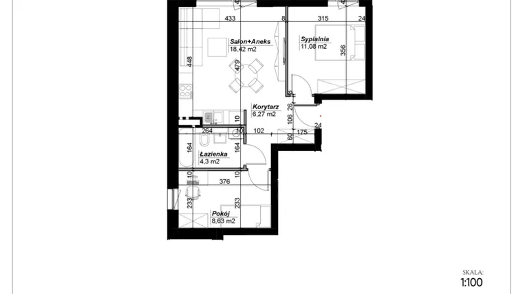 Rzut - Mieszkanie na sprzedaż 3 pokoje o powierzchni 48,7 m² - numer E.13 w Narcyzowe Wzgórza II