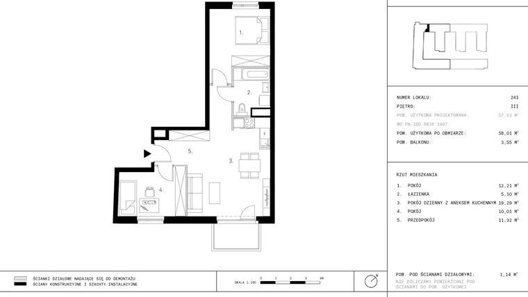 Rzut - Mieszkanie na sprzedaż 3 pokoje o powierzchni 58,01 m² - numer 3.A28-241 w Jurowiecka 22