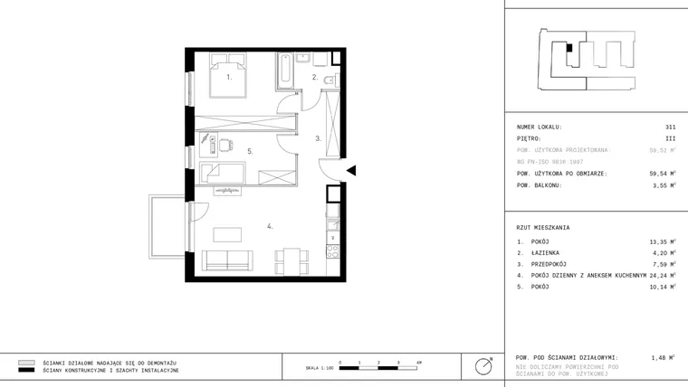 Rzut - Mieszkanie na sprzedaż 3 pokoje o powierzchni 59,54 m² - numer 3.A35-311 w Jurowiecka 22