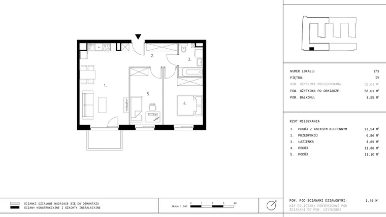 Rzut - Mieszkanie na sprzedaż 3 pokoje o powierzchni 58,01 m² - numer 4.A11-173 w Jurowiecka 22
