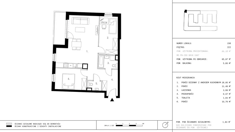 Rzut - Mieszkanie na sprzedaż 3 pokoje o powierzchni 65,97 m² - numer 3.A25-238 w Jurowiecka 22