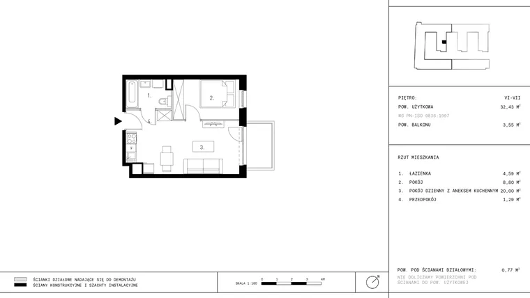 Rzut - Mieszkanie na sprzedaż 1 pokój o powierzchni 32,44 m² - numer 8.A30-355 w Jurowiecka 22