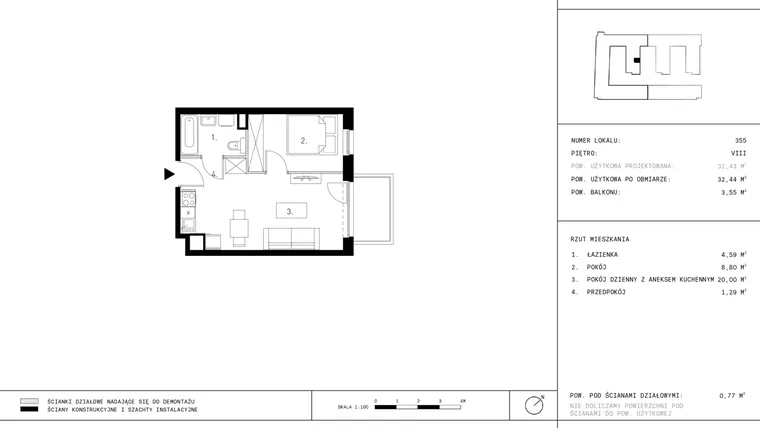 Rzut - Mieszkanie na sprzedaż 1 pokój o powierzchni 32,44 m² - numer 8.A30-355 w Jurowiecka 22