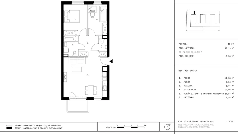 Rzut - Mieszkanie na sprzedaż 3 pokoje o powierzchni 62,22 m² - numer 4.A37-327 w Jurowiecka 22