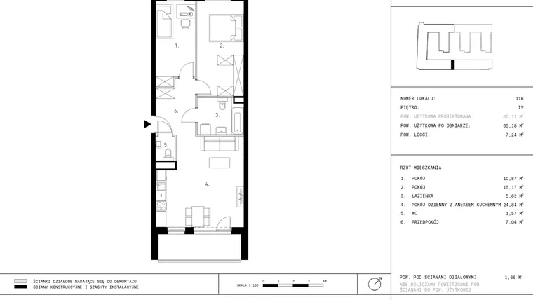 Rzut - Mieszkanie na sprzedaż 3 pokoje o powierzchni 65,18 m² - numer 4.A1-116 w Jurowiecka 22