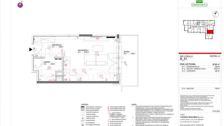 Rzut - Mieszkanie na sprzedaż 1 pokój o powierzchni 31,27 m² - numer B.31 w Karolewska 60