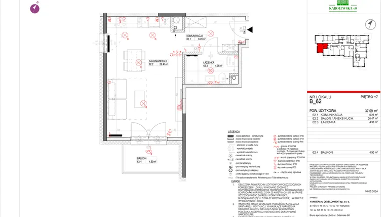 Rzut - Mieszkanie na sprzedaż 1 pokój o powierzchni 37,43 m² - numer B.62 w Karolewska 60
