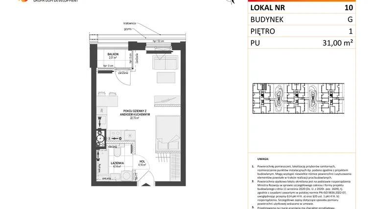 Rzut - Mieszkanie na sprzedaż 1 pokój o powierzchni 31 m² - numer G.10 w DOKI etap II (bud. G)