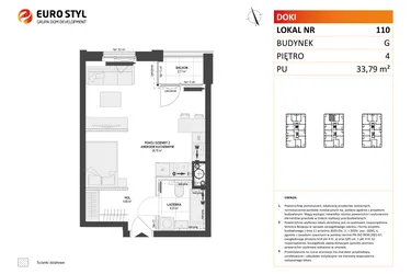 Rzut - Mieszkanie na sprzedaż 1 pokój o powierzchni 33,79 m² - numer G.110 w DOKI etap II (bud. G)