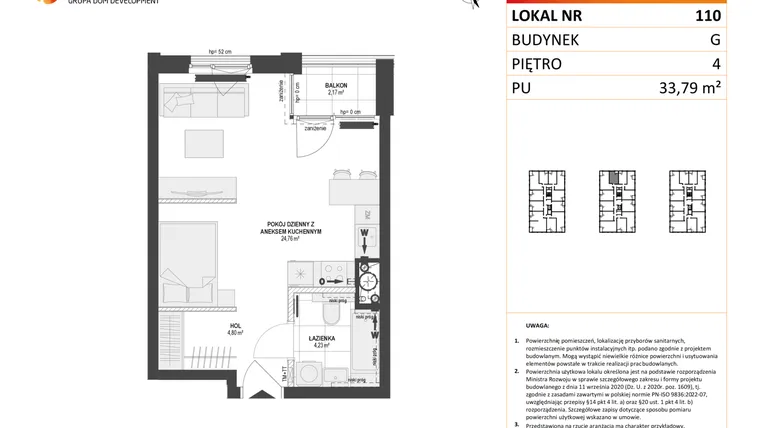 Rzut - Mieszkanie na sprzedaż 1 pokój o powierzchni 33,79 m² - numer G.110 w DOKI etap II (bud. G)